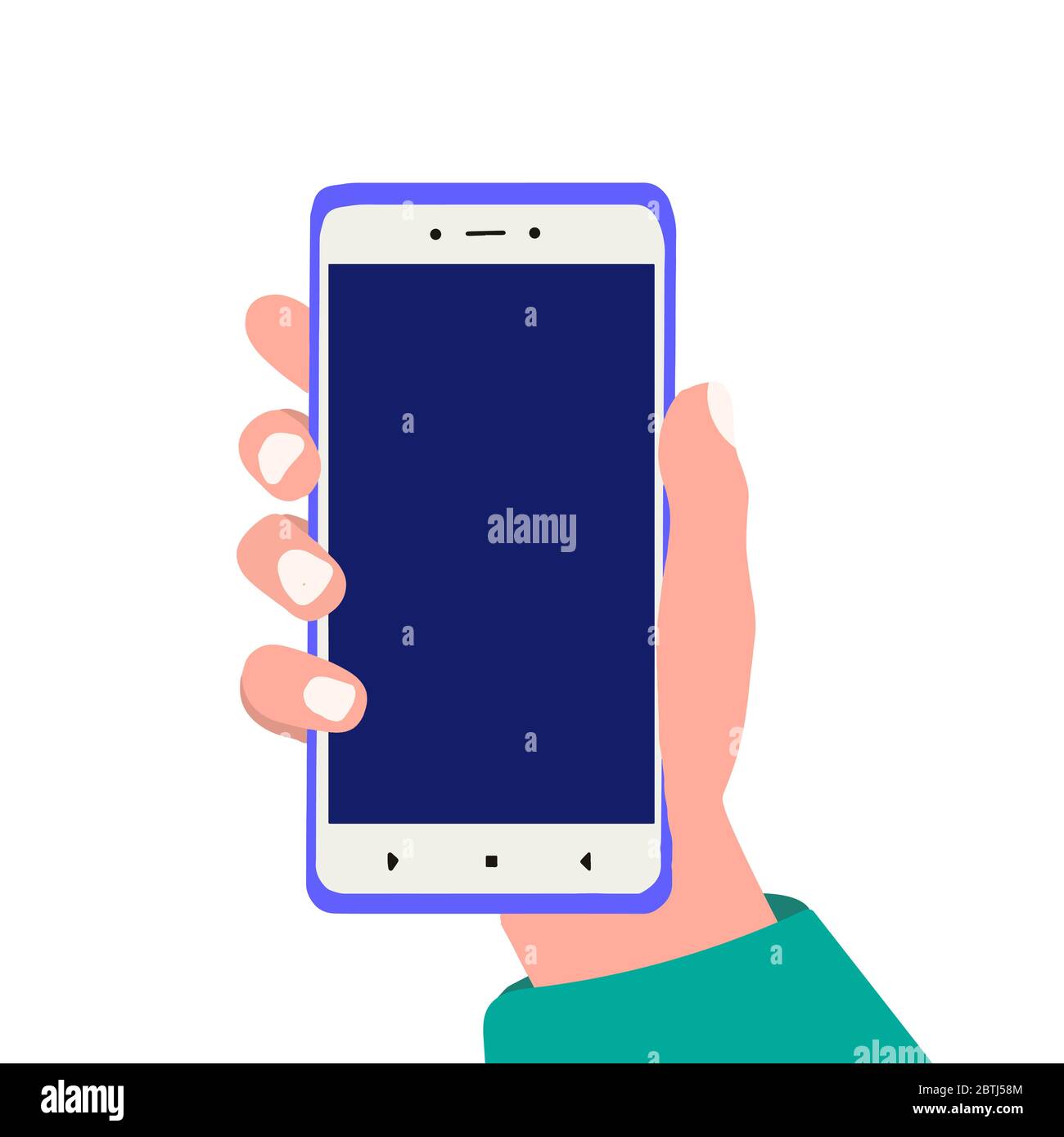 Smartphone con mano e schermo intero bianco vuoto su sfondo bianco. Illustrazione disegnata a mano del cartoon vettoriale Illustrazione Vettoriale