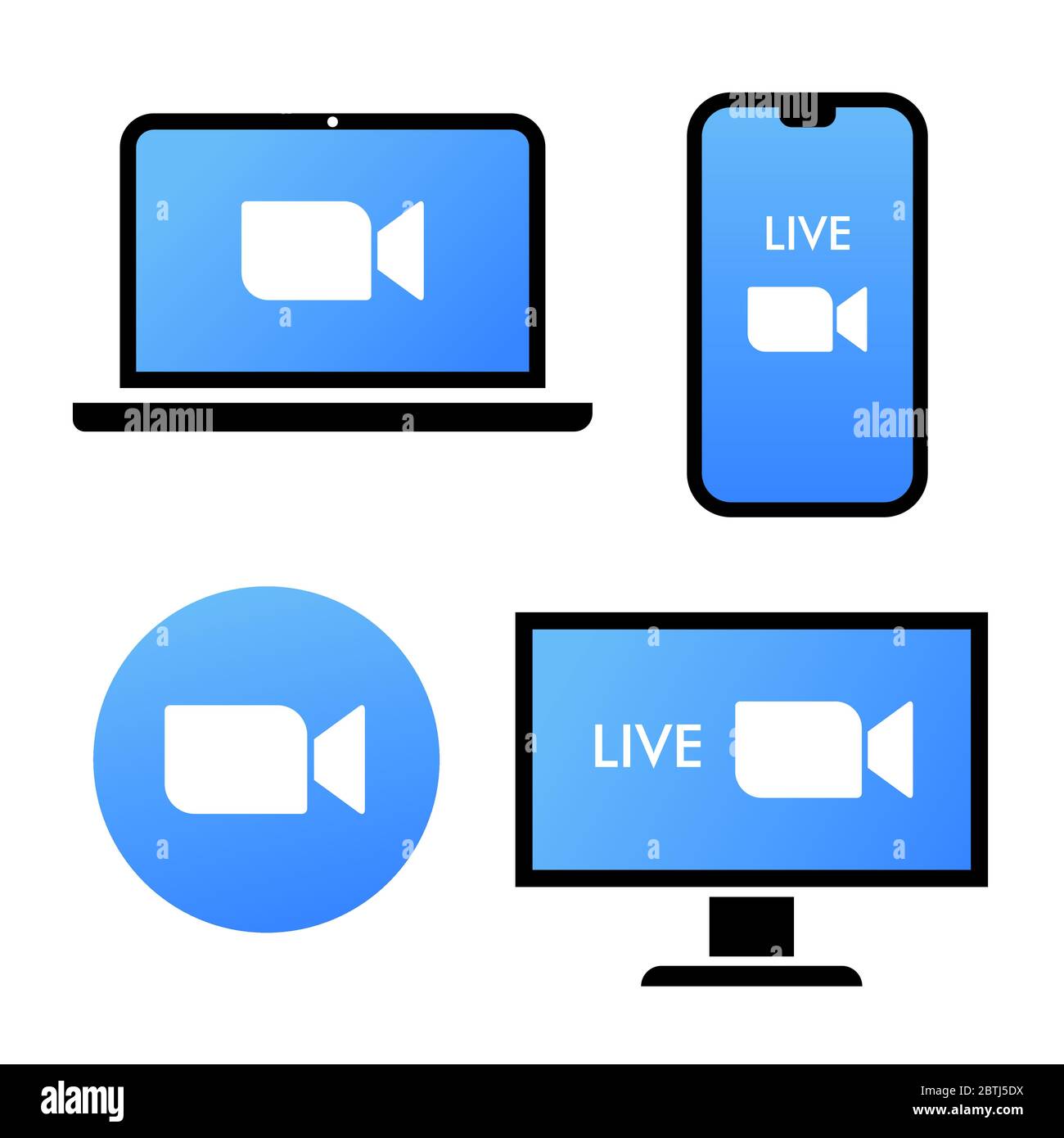 Icona blu della fotocamera - applicazione Live Media Streaming su diversi dispositivi: Laptop, smartphone, tv, tablet, monitor, videochiamate in conferenza con Illustrazione Vettoriale