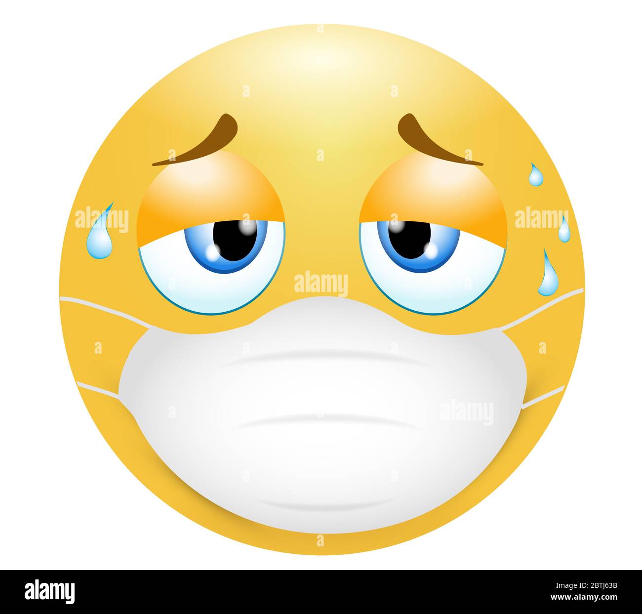 Emoticon emoji. Concetto di stanchezza nell'indossare la maschera medica nel calore di solfora. illustrazione 3d. Emoticon divertente. Protezione contro l'epidemia di coronavirus Foto Stock