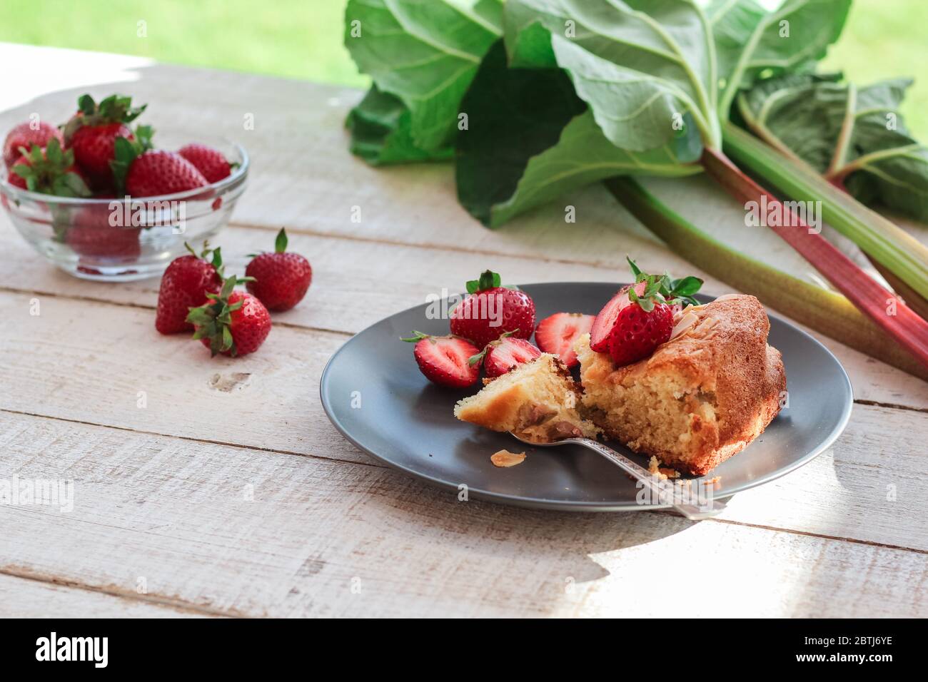 Un pezzo di torta di rabarbaro fatta in casa e fragole fresche e steli di rabarbaro serviti in un giardino Foto Stock