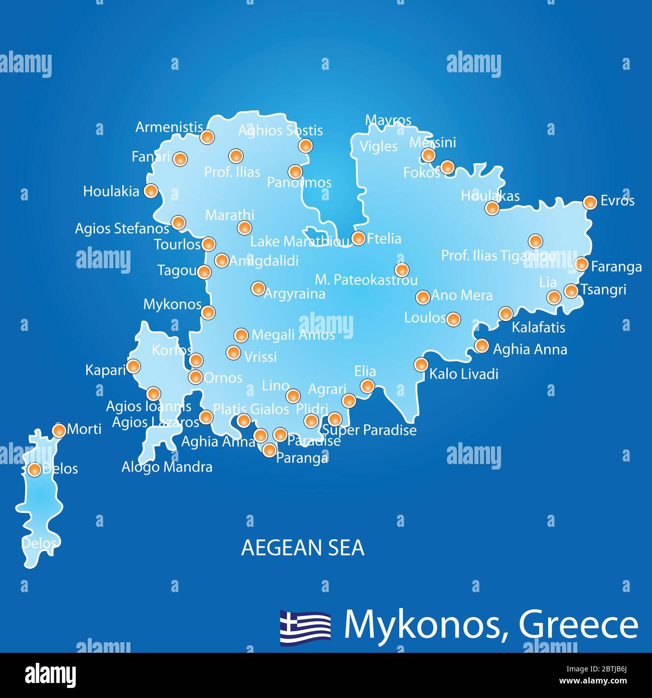 Isola di Mykonos in Grecia mappa su sfondo blu Illustrazione Vettoriale