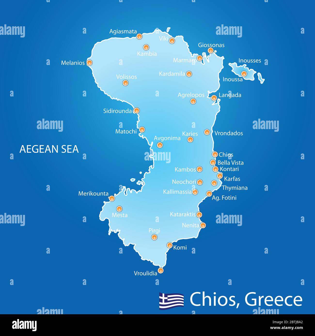Isola di Chios in Grecia mappa su sfondo blu Illustrazione Vettoriale