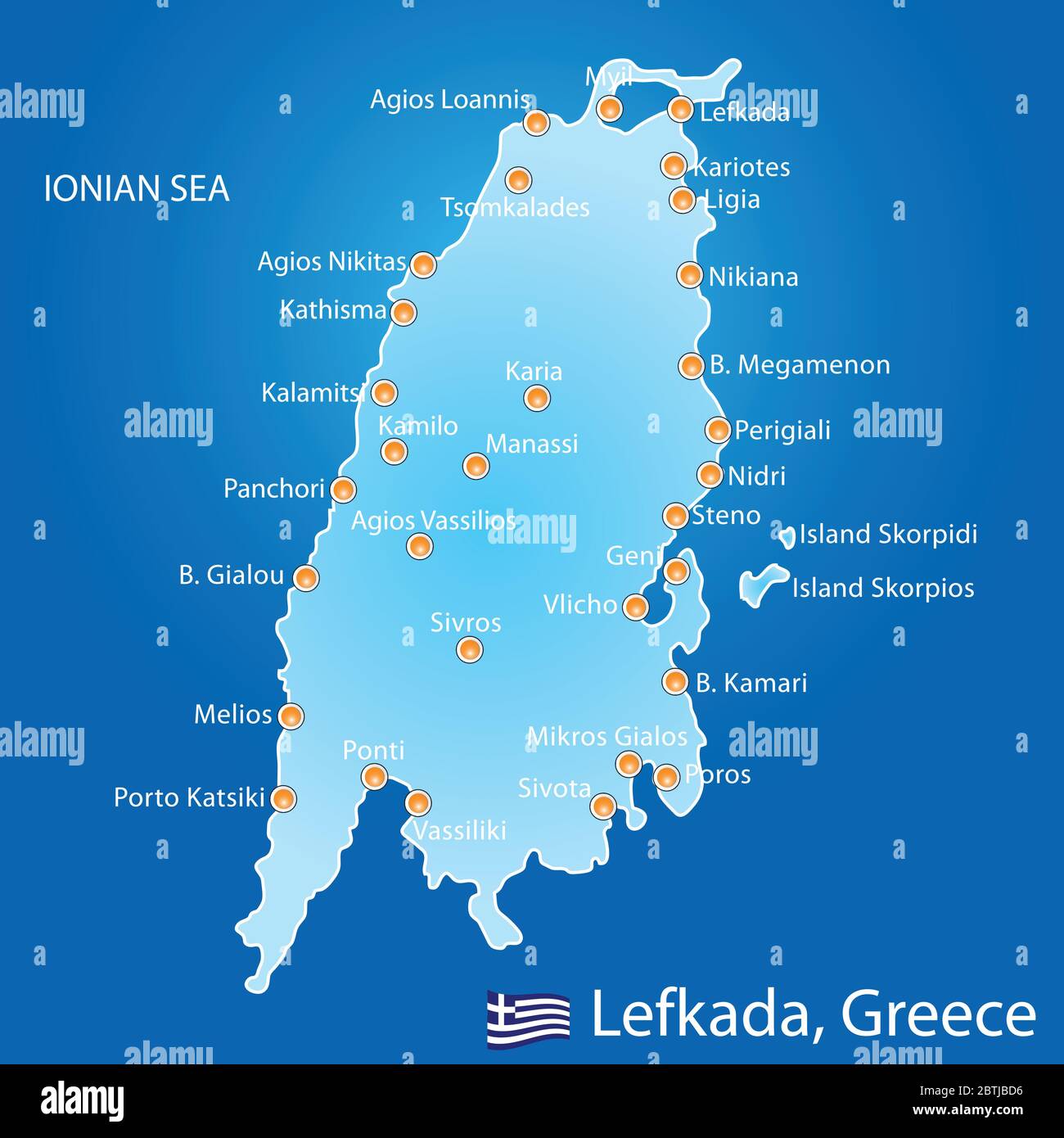 Isola di Lefkada in Grecia mappa su sfondo blu Illustrazione Vettoriale