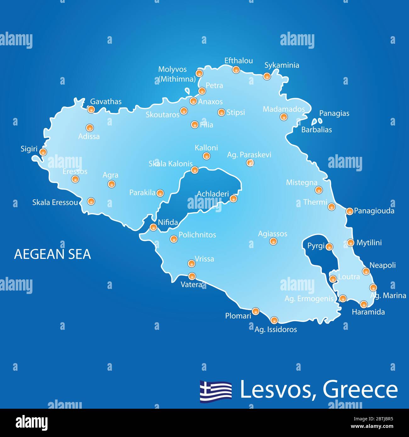 Isola di Lesvos in Grecia mappa su sfondo blu Illustrazione Vettoriale