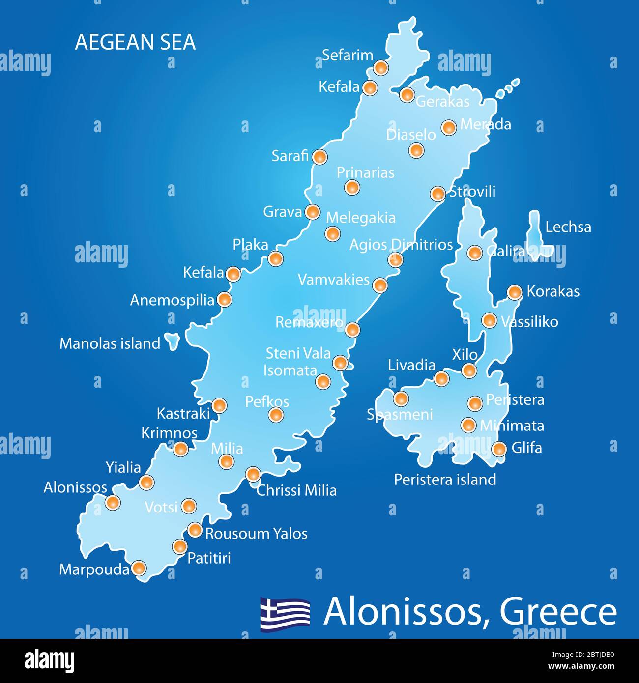 Isola di Alonissos in Grecia mappa su sfondo blu Illustrazione Vettoriale
