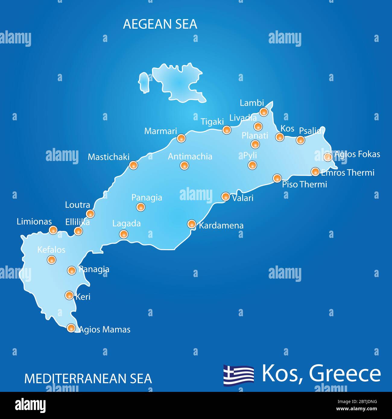 Isola di Kos in Grecia mappa su sfondo blu Illustrazione Vettoriale