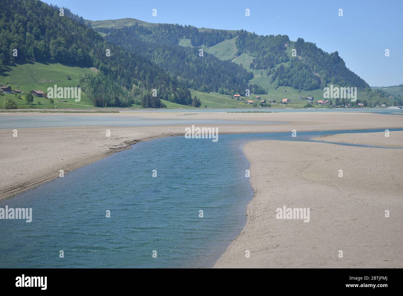 Piccolo fiume nella baia del Sihlsee in Svizzera Foto Stock