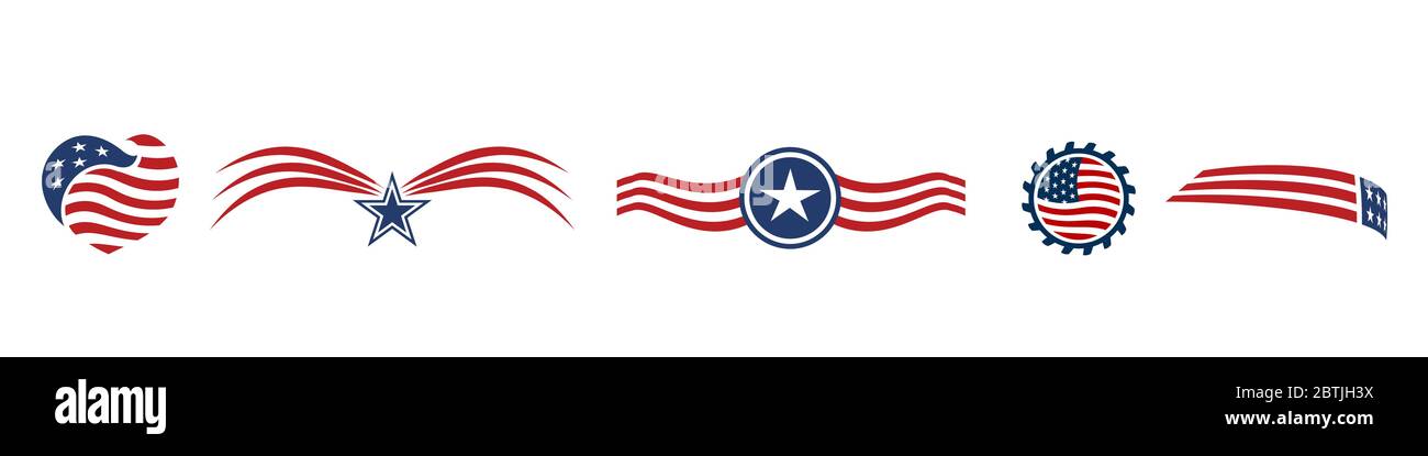Imposta le icone USA rosso bianco e blu stelle e strisce vettore logo Illustrazione Vettoriale