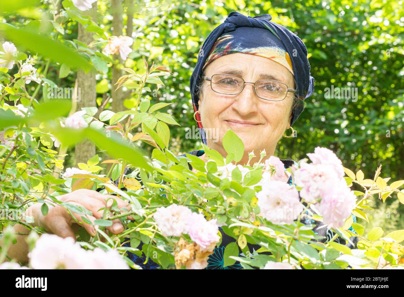 Ritratto di una donna musulmana felice anziana con occhiali in giardino fiorito, attività di svago-prodotti coltivati in casa Foto Stock