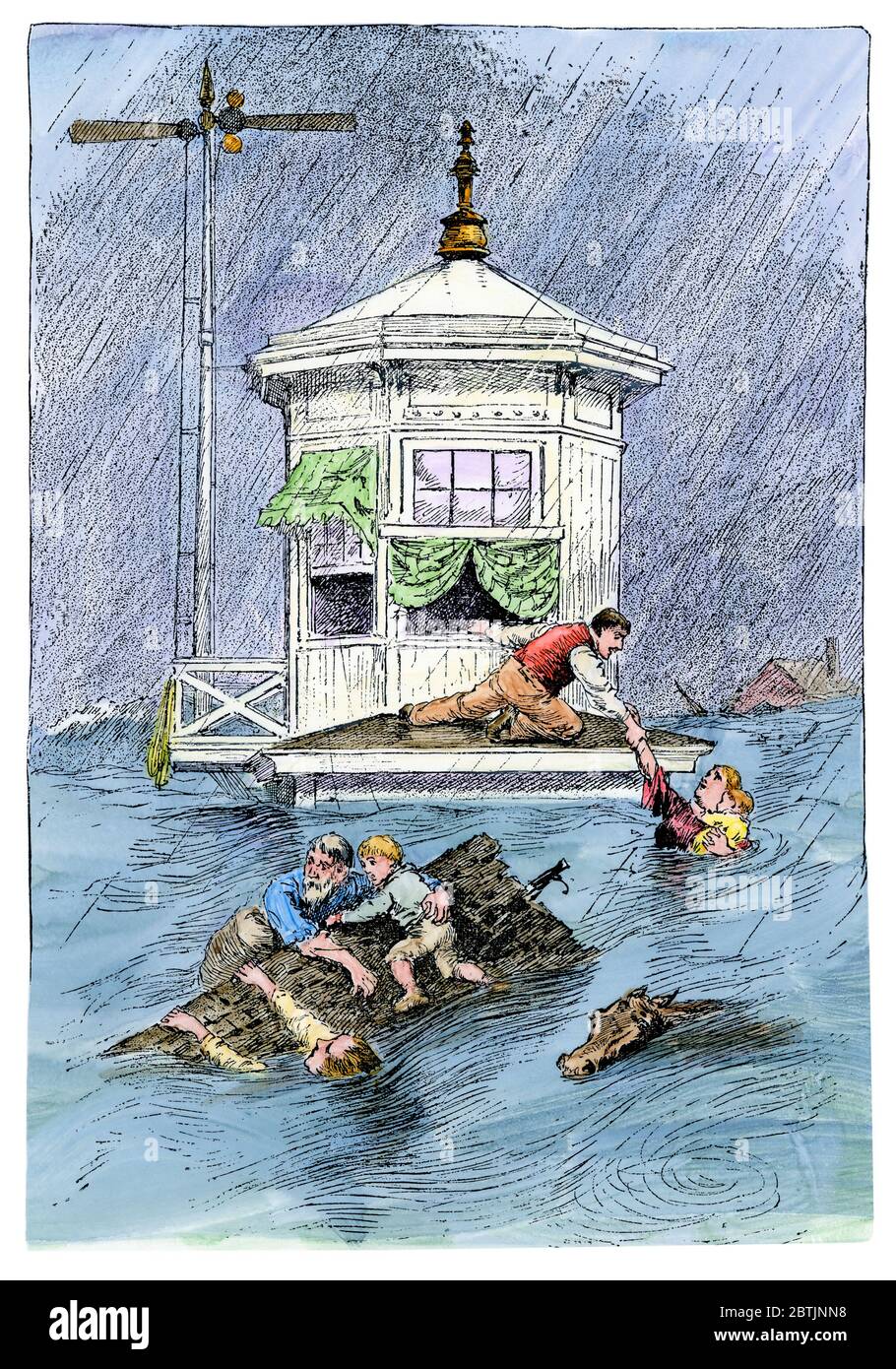 Salvataggio delle vittime delle inondazioni alla Signal Tower, Johnstown, Pennsylvania, 1889. Taglio in legno colorato a mano Foto Stock