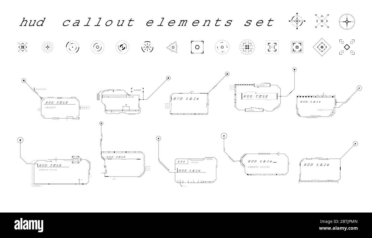 Set di titoli e destinazioni delle didascalie in stile HUD. Design futuristico con didascalie fantascientifico. Tratto modificabile. Ottimo per l'animazione. Vettore Illustrazione Vettoriale