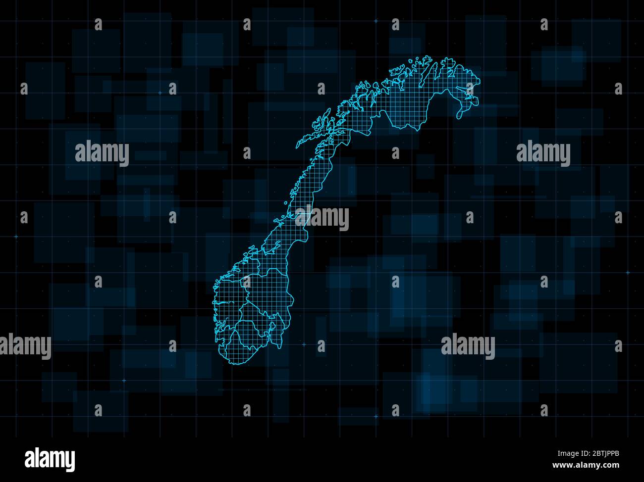 Mappa HUD della Norvegia con contee. Cyberpunk futuristico sfondo digitale blu scuro. Tratto modificabile. Vettore Illustrazione Vettoriale