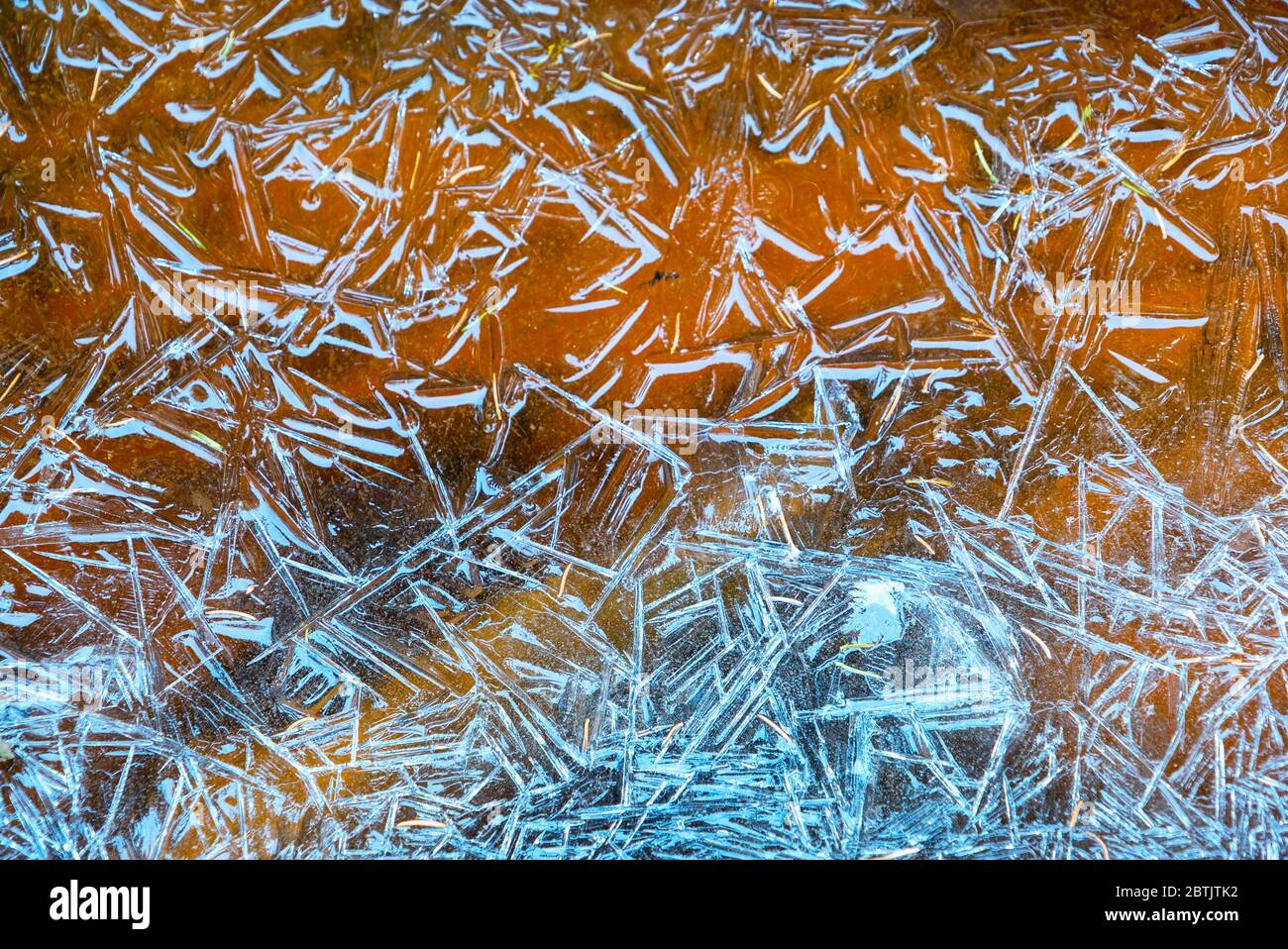 Una puddle congelata con un motivo blu sul ghiaccio Foto Stock