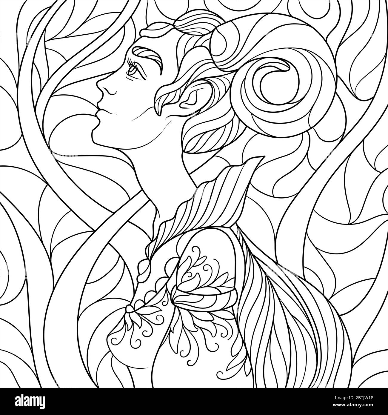 Pagina da colorare Zentangle fantasy per adulti anti stress con bella  ragazza con corna con sfondo bianco e nero Foto stock - Alamy