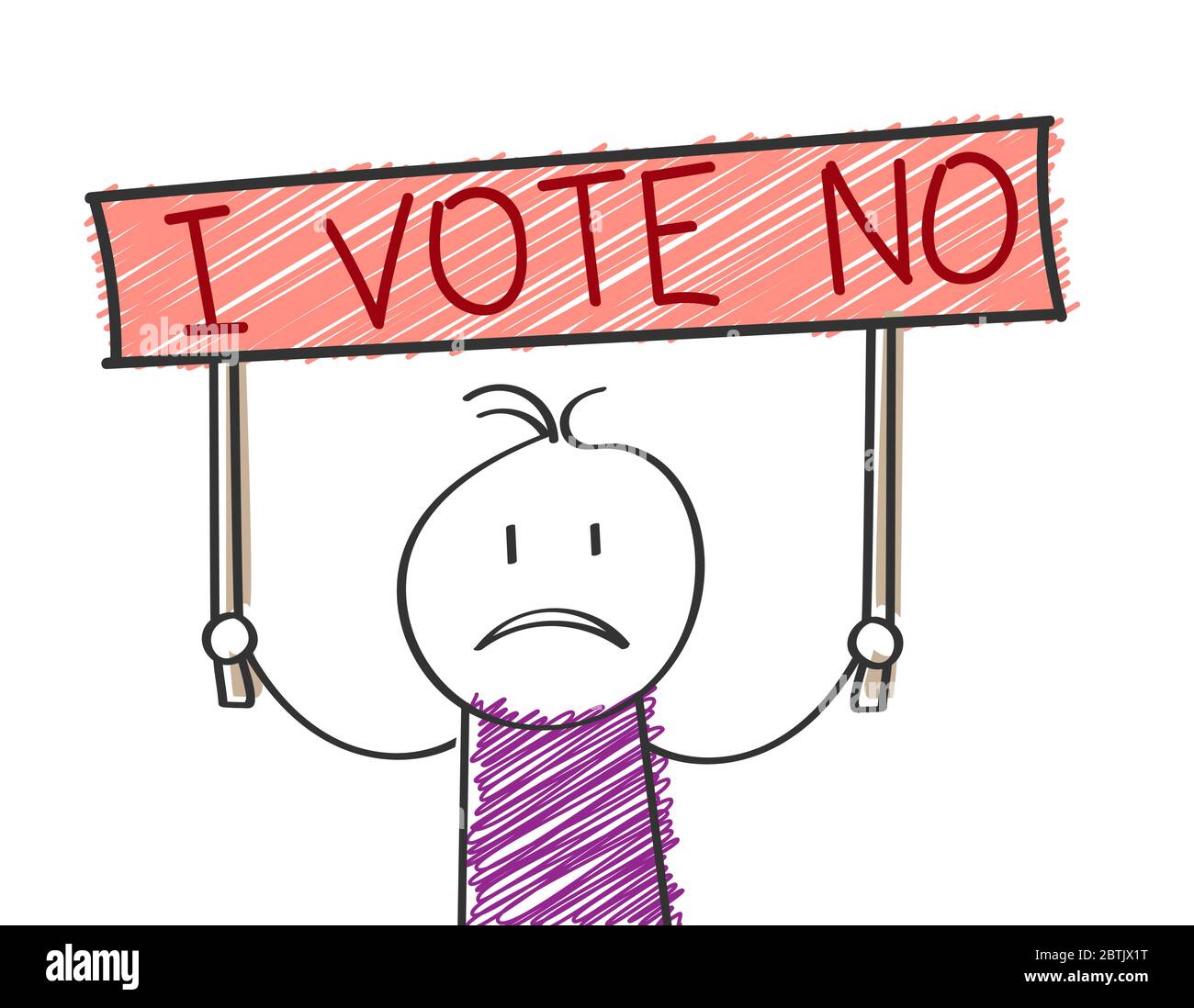 Un uomo cartoon tiene un segno che recita i VOTTE NO. Flat Doodle Style per il design e la decorazione Illustrazione Vettoriale