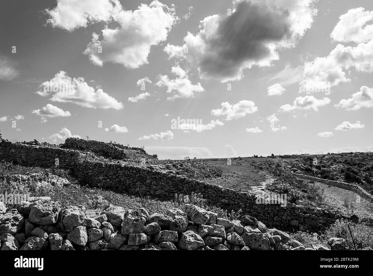 Paesaggio rurale della campagna della Sicilia del Sud-Est in piena primavera, muretti a secco, ulivi e carrubi e balle di fieno. Foto Stock