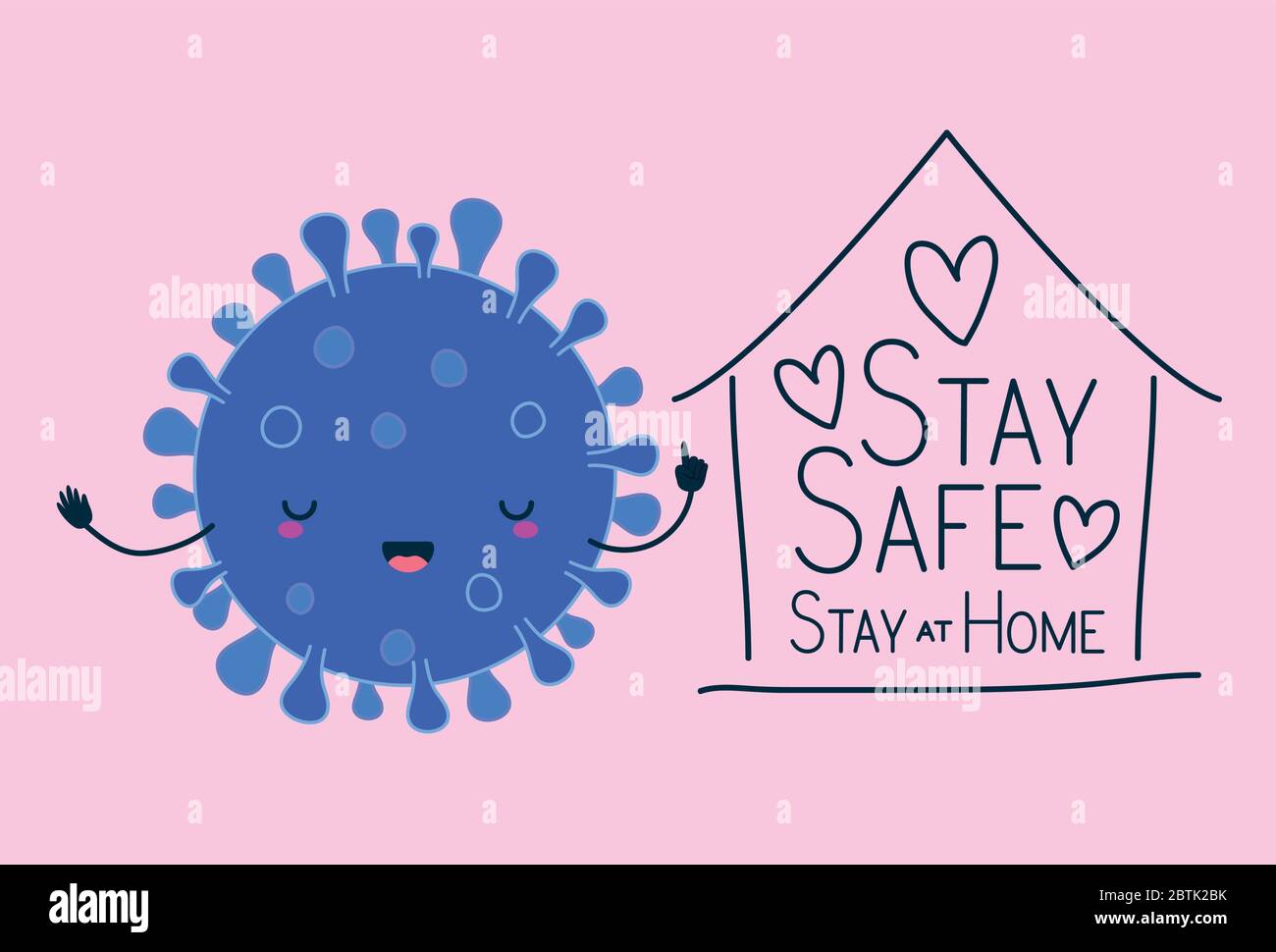 Rimani al sicuro a casa e kawaii covid 19 virus cartoon vettore design Illustrazione Vettoriale