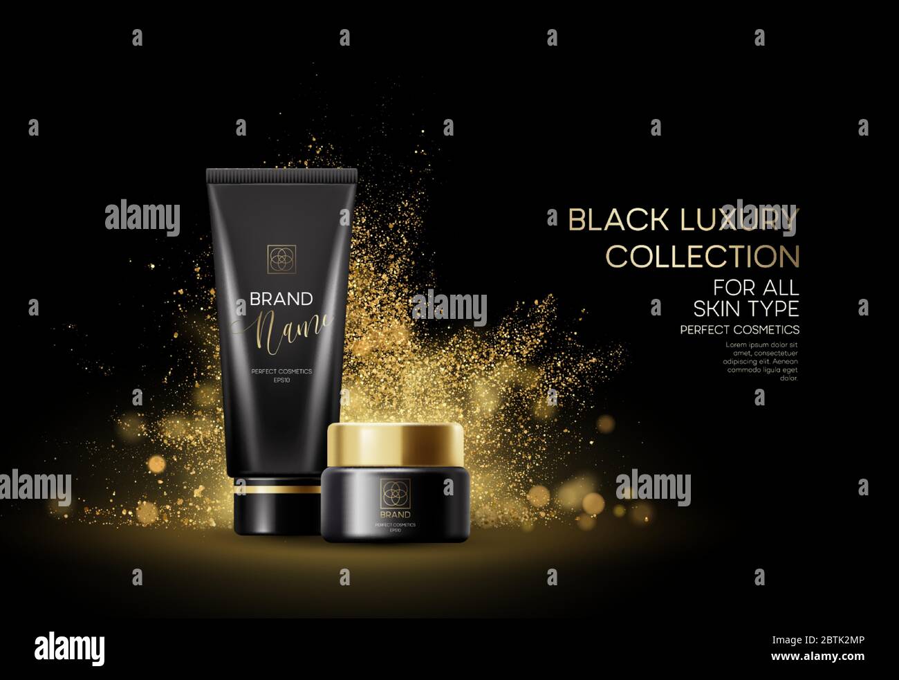 Prodotti cosmetici con collezione di lusso composizione su sfondo bokeh nero sfocato con polvere di glitter dorato. Illustrazione vettoriale Illustrazione Vettoriale