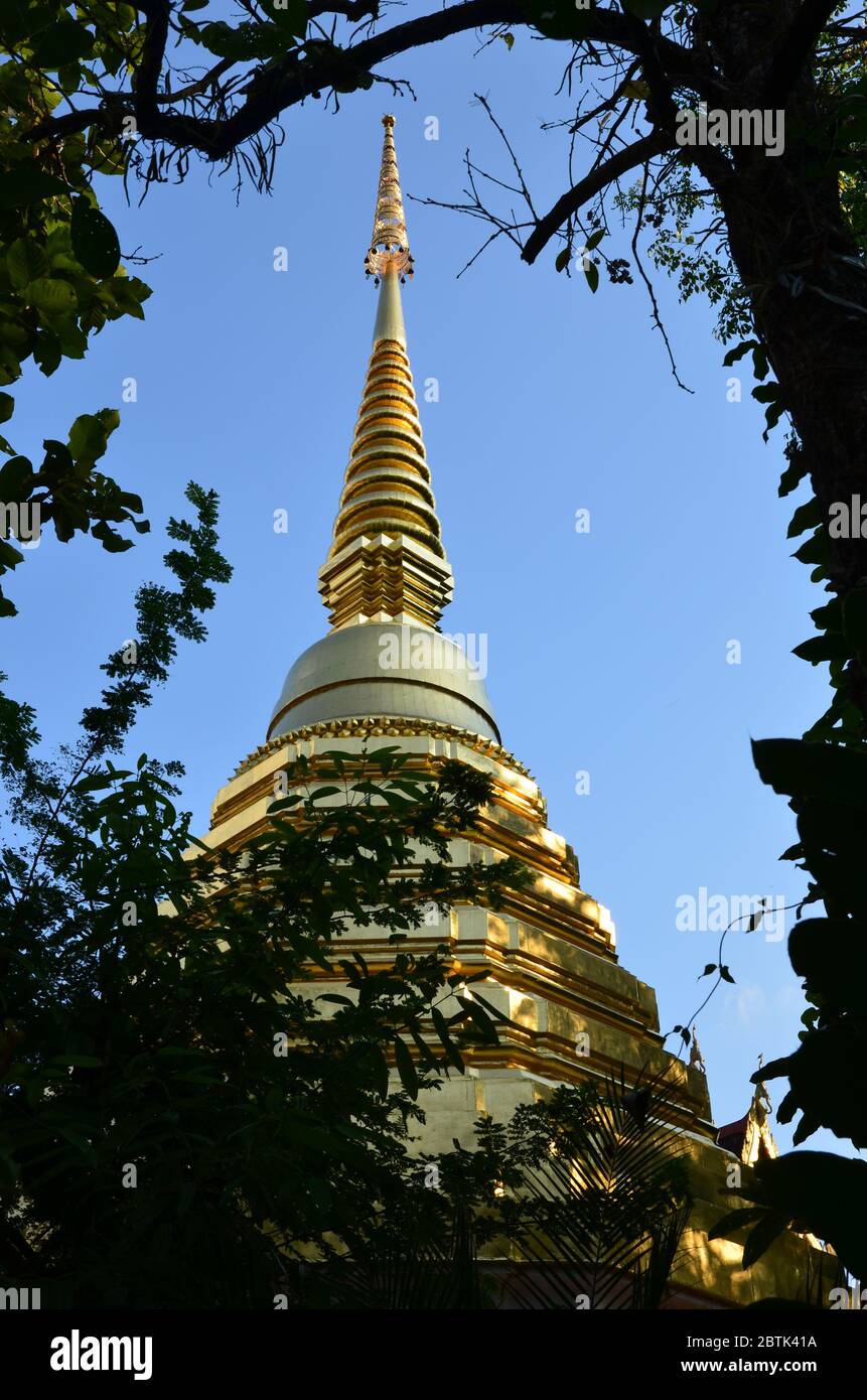 Chedi d'oro di Wat Phra Kaew a Chiang Rai Foto Stock