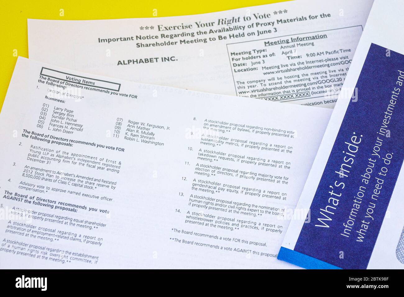 Miami Beach Florida,Alphabet Inc riunione annuale degli azionisti di Google,Consiglio di amministrazione che votano i candidati,investimento di investimento di borsa,FL200520012 Foto Stock