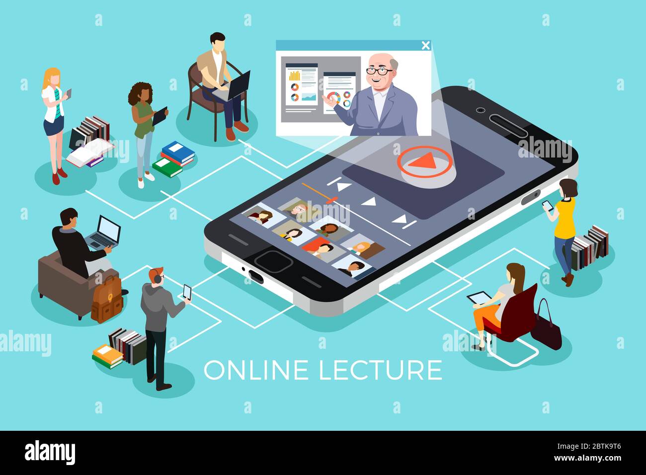 Un'illustrazione vettoriale isometrica degli studenti universitari che imparano l'educazione online Illustrazione Vettoriale