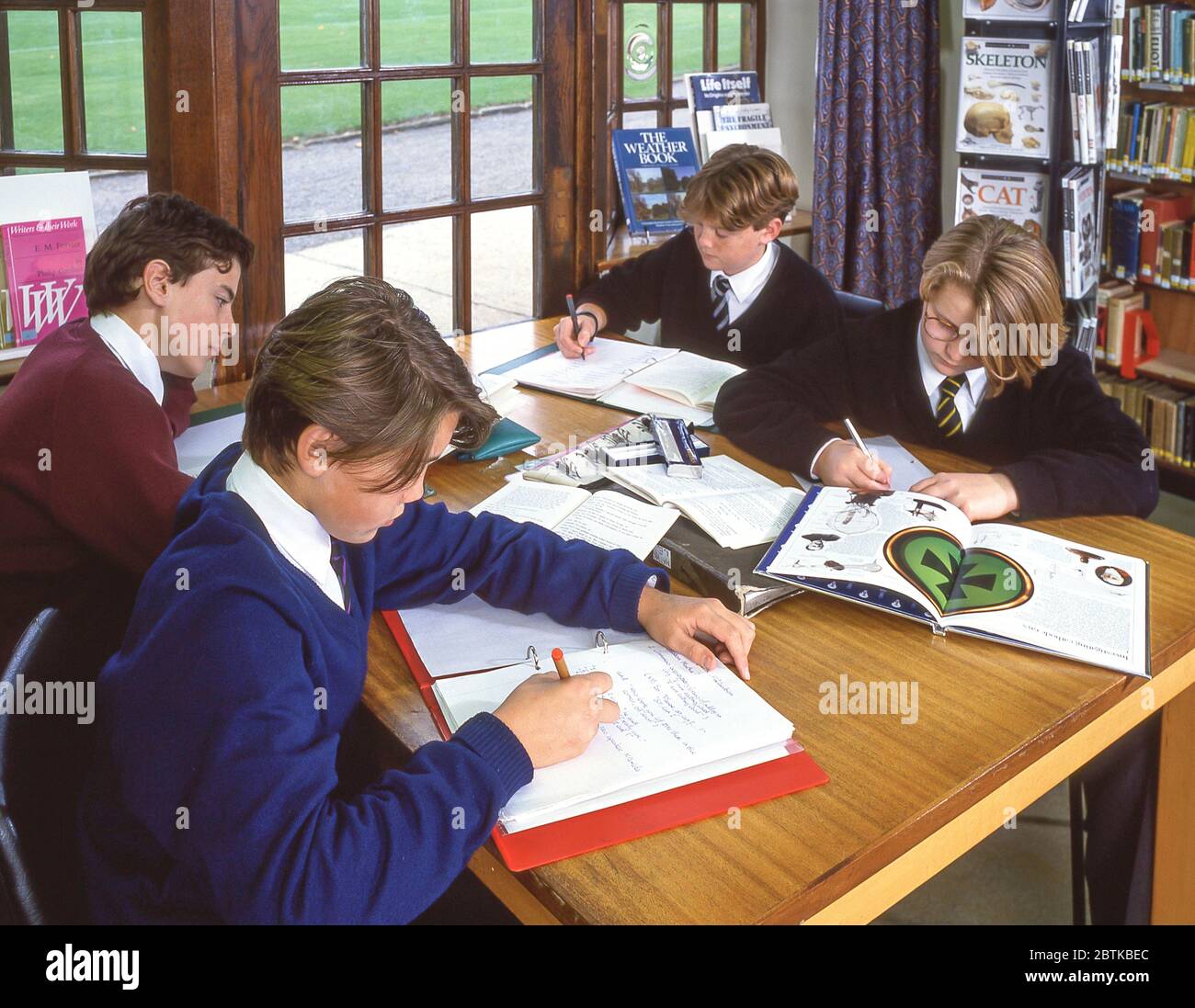 Studenti che studiano in biblioteca scolastica, Surrey, Inghilterra, Regno Unito Foto Stock