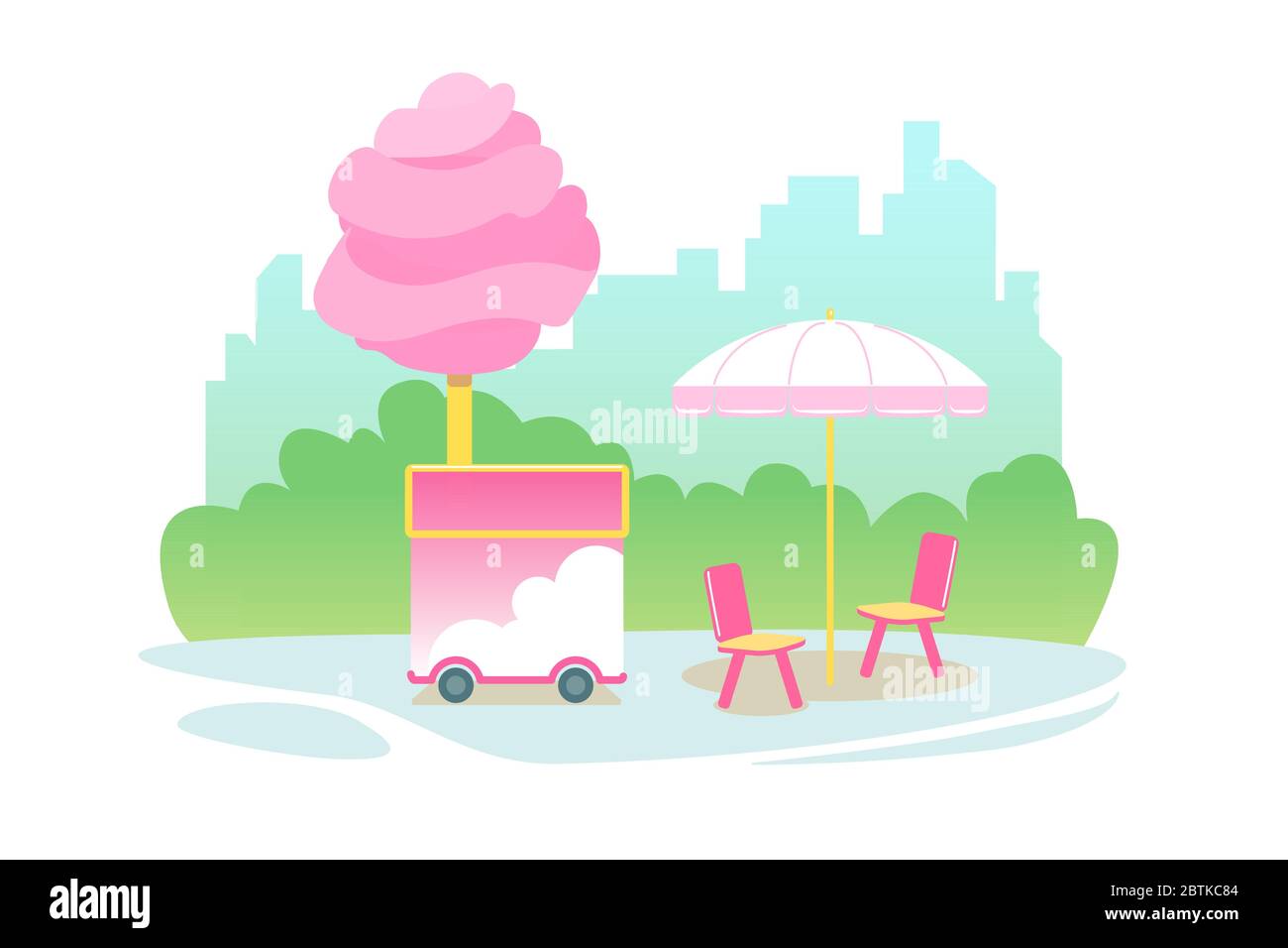 Chiosco di caramelle di cotone rosa su ruote, negozio di caramelle di cartone animato su illustrazione vettoriale di strada della città. Il prodotto per il filo interdentale dello zucchero è isolato su sfondo bianco. Festival del cibo nel parco. Poster per le feste. Illustrazione Vettoriale