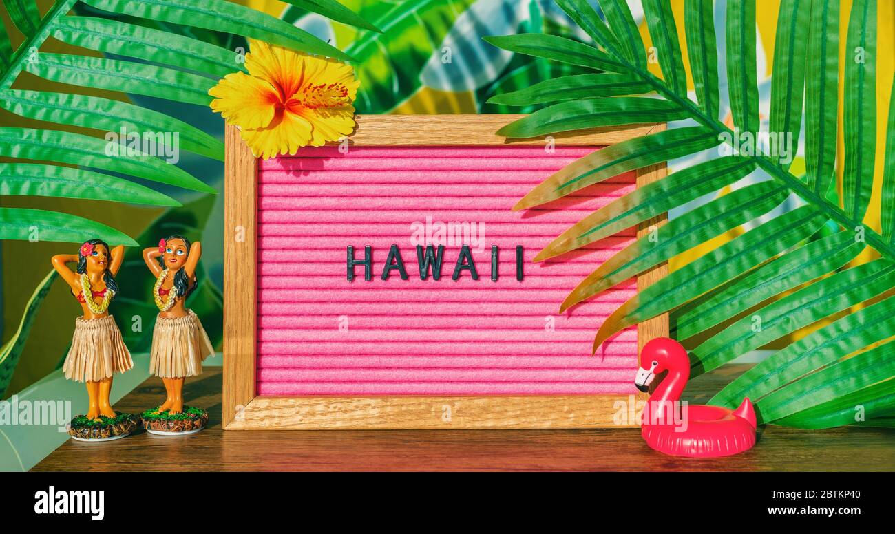 Hawaii viaggio retro segno con hula dance bambole rosa flamingo giocattolo galleggiante e foglie di plastica palma per kitsch bordo. Vacanza hawaiana estate sfondo vacanze. Foto Stock