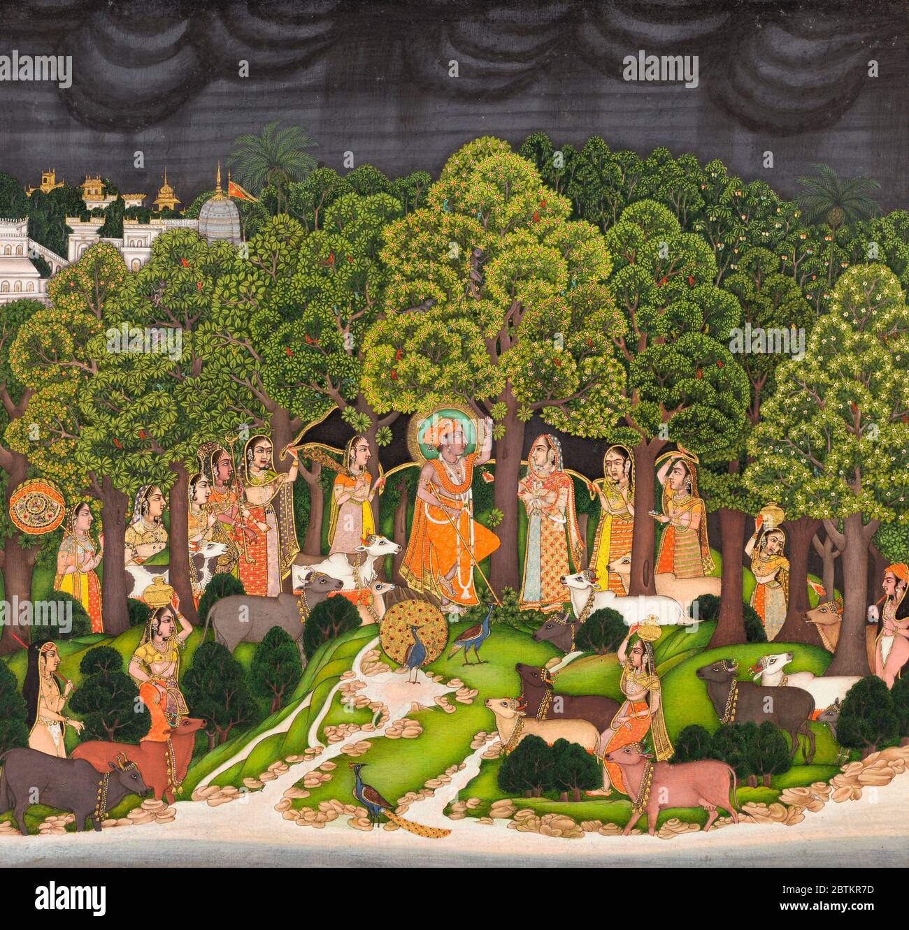 Radha e Krishna si incontrano nella foresta durante una tempesta, circa 1770, l'arte indiana e del sud-est asiatico Foto Stock
