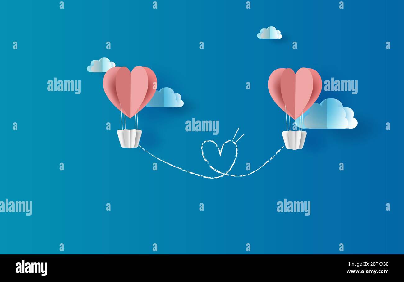 Illustrazione dei palloncini rosa cuore galleggiante con vista cielo luogo scena per il tuo amore spazio testo sfondo blu.San Valentino linea di disegno sentire Illustrazione Vettoriale