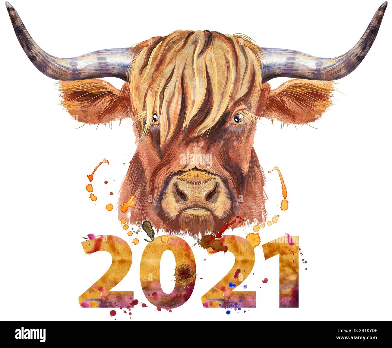 Illustrazione acquerello di un toro marrone a corna lunga Foto Stock