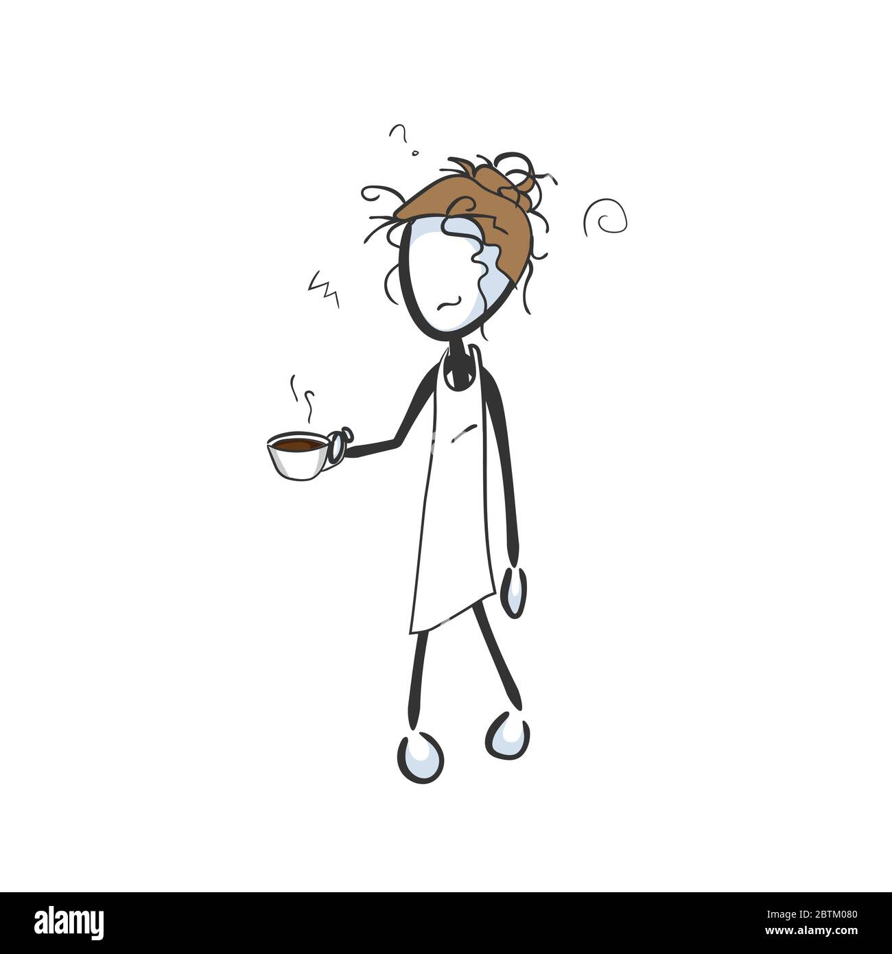 Svegliatevi al mattino con capelli sonnolenti e disordinati. Bere caffè. Disegnata a mano. Cartoon Stickman. Schizzo a forma di dodle, illustrazione grafica vettoriale Illustrazione Vettoriale