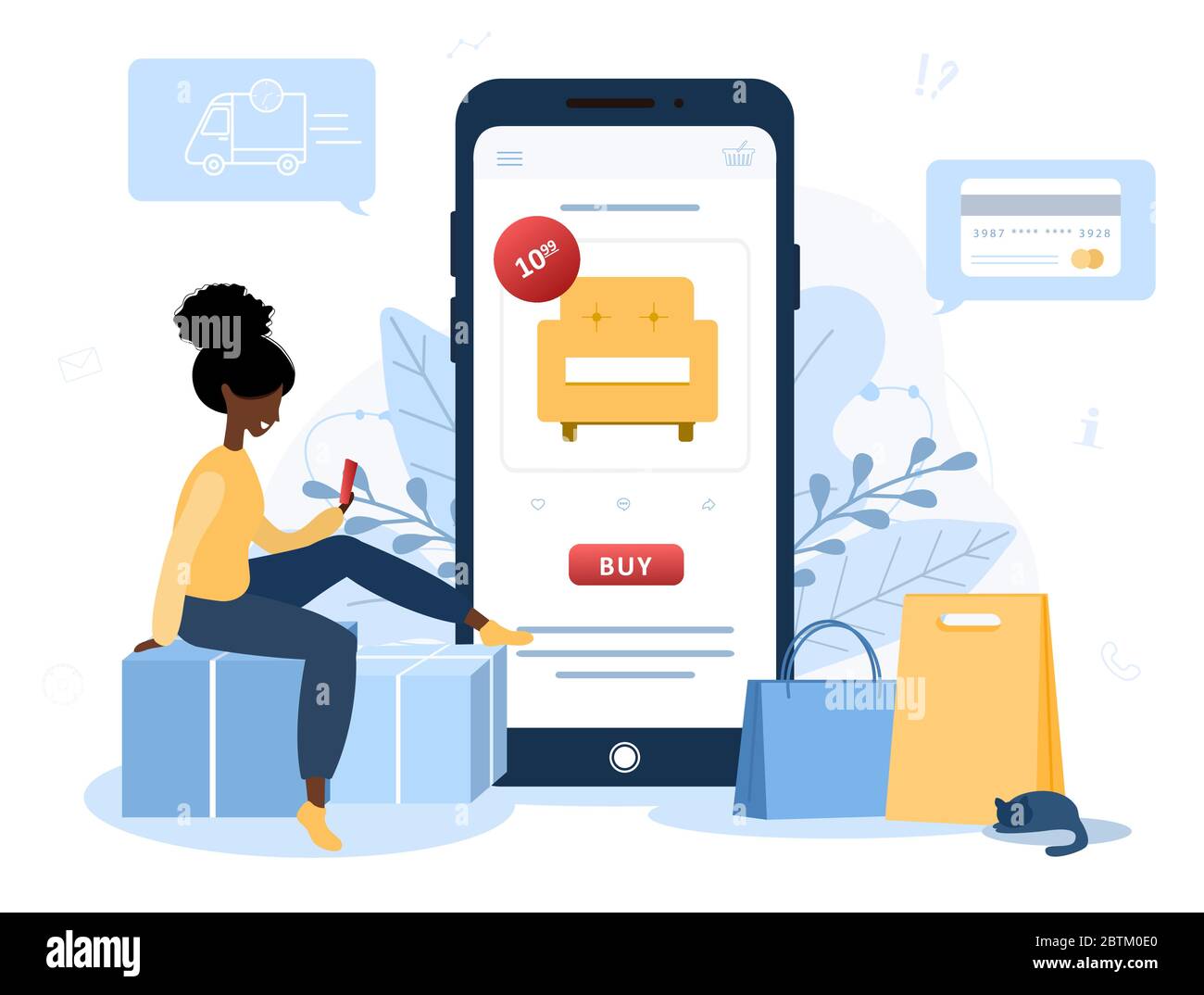 Shopping online. Donna africana negozio in un negozio online seduto a terra. Il catalogo dei prodotti sulla pagina del browser Web. Scatole per la spesa. Rimani a casa Illustrazione Vettoriale