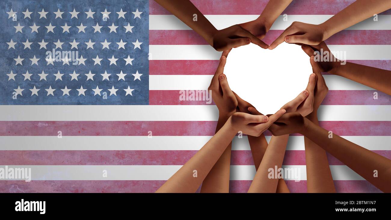 Giorno dell'indipendenza USA e giorno del memoriale o 4 luglio celebrazione della diversità con la bandiera nazionale come diversi cittadini americani si uniscono come mani del cuore. Foto Stock