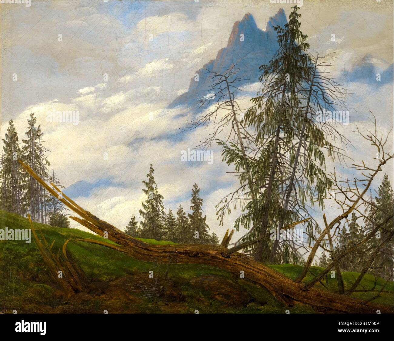 Caspar David Friedrich, vette di montagna con nuvole di deriva, pittura di paesaggio, circa 1835 Foto Stock