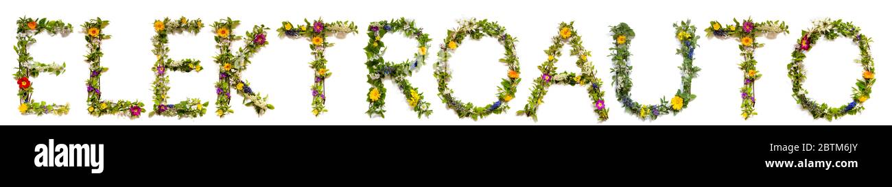 Fiore e fiore lettera costruire parola Electroauto significa e-Car Foto Stock