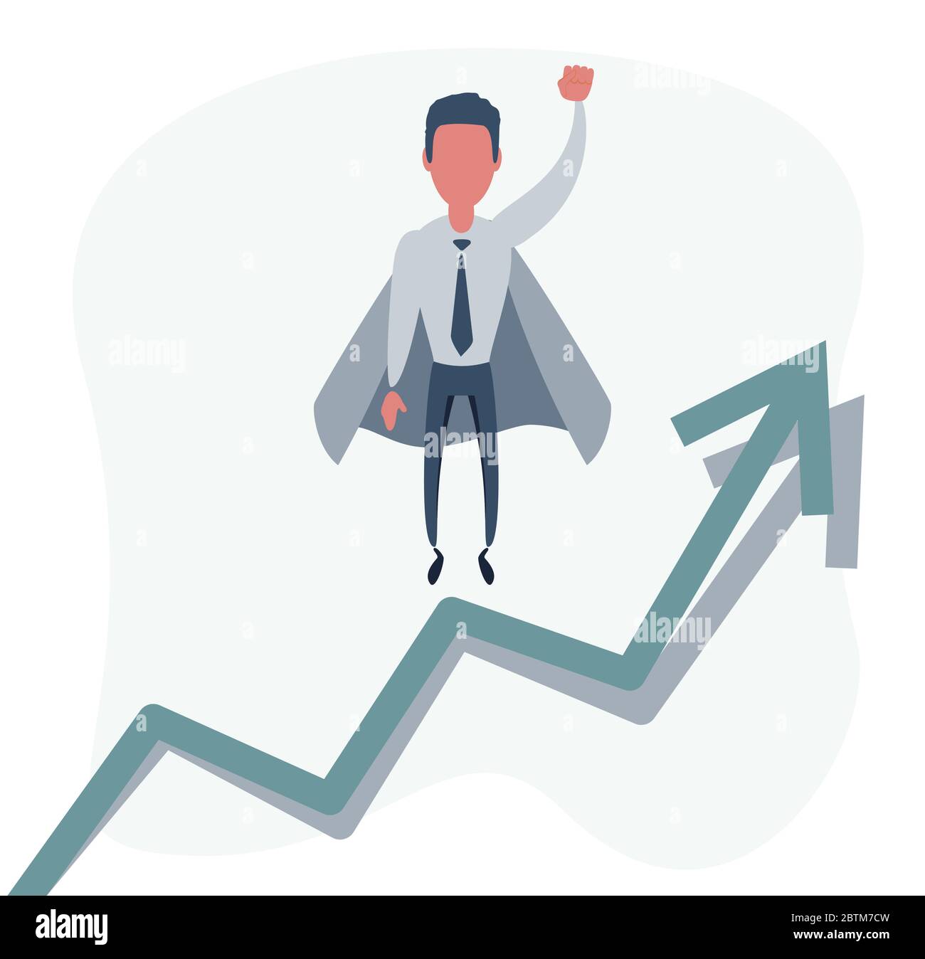 Grafico piatto super uomo d'affari che porta il business fino al cielo. Successo aziendale e concetto di leadership. Illustrazione Vettoriale