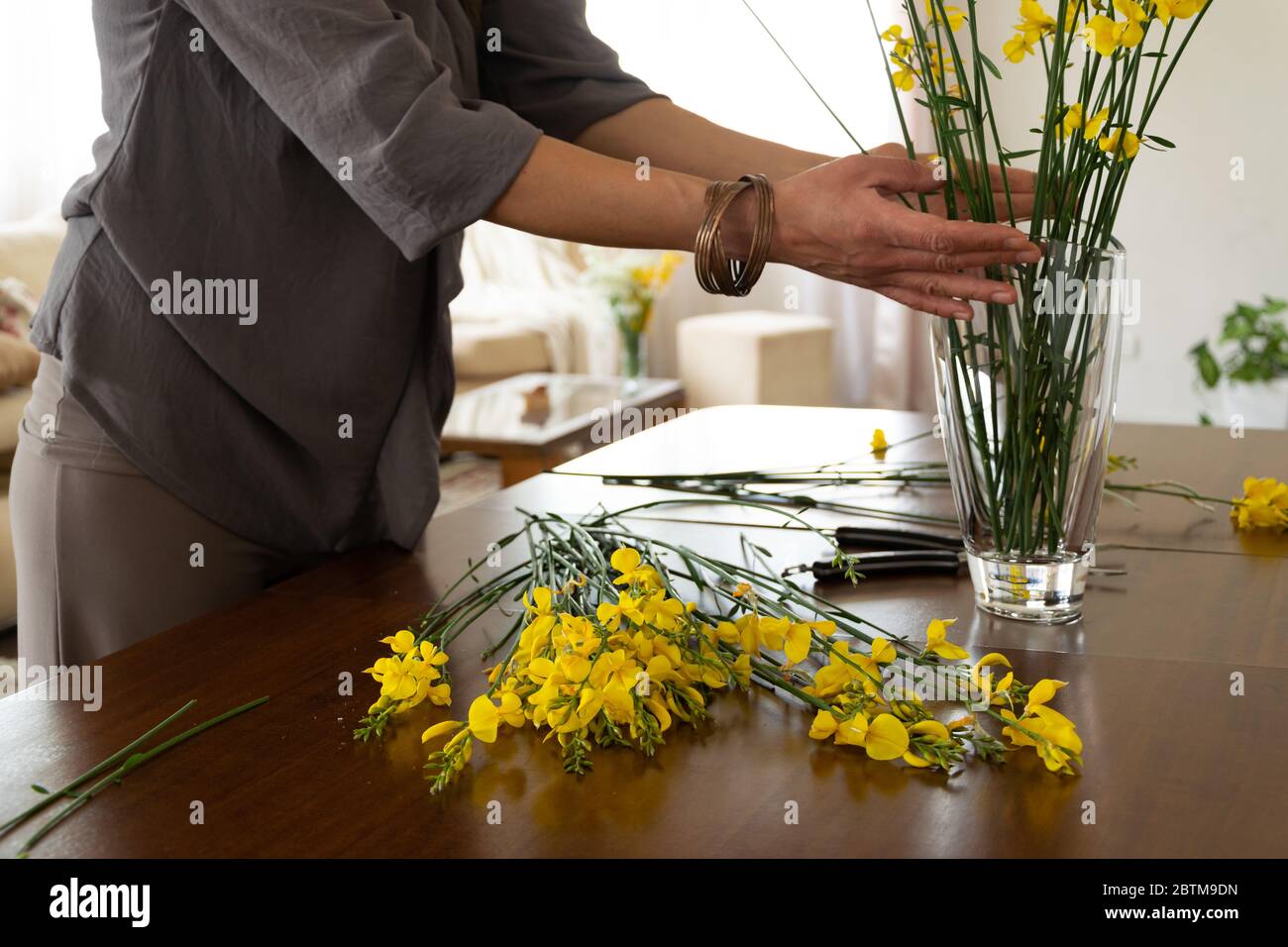 Vista di raccolto di donna che dispone gorse di fiore giallo a casa Foto Stock