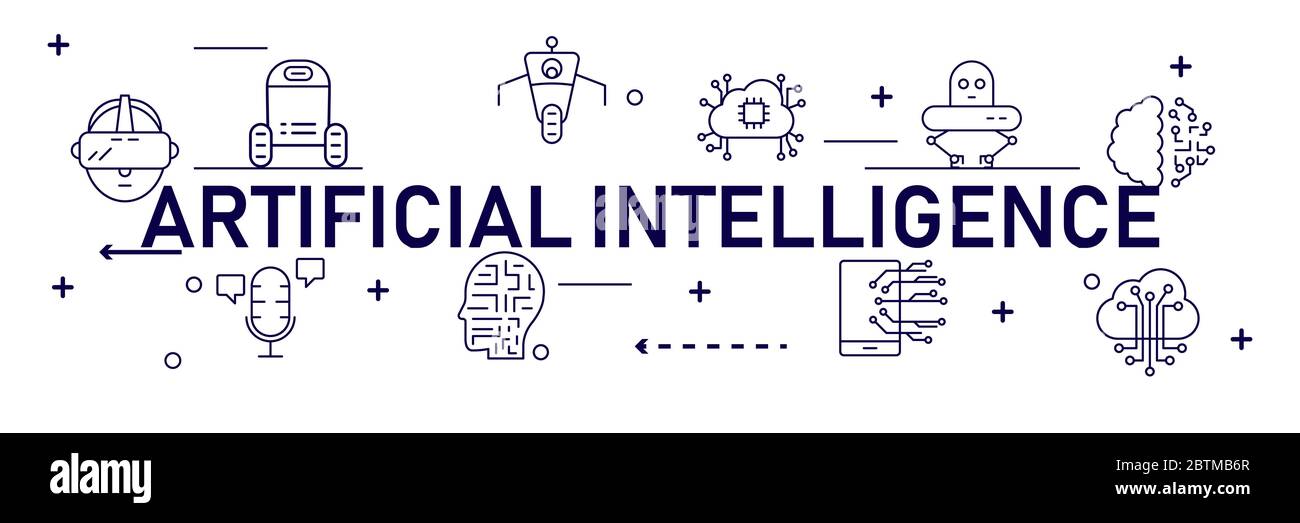 Intelligenza artificiale banner infografico. Diagramma di rete neurale, cybernetica, risoluzione dei problemi, futuristico, robotica e deep learning. Illustrazione Vettoriale