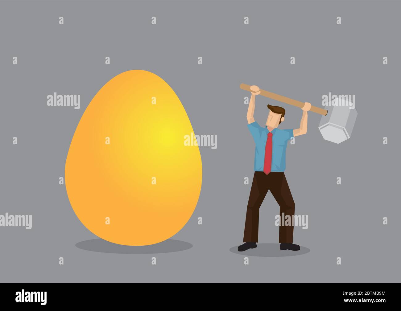 L'uomo di cartone animato solleva il martello pronto a rompere l'uovo d'oro enorme, rappresentando bene prezioso. Illustrazione vettoriale creativa sul concetto per la finanza personale ma Illustrazione Vettoriale