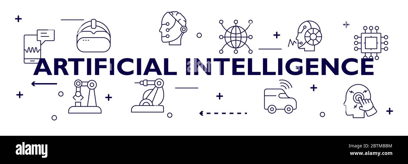 Intelligenza artificiale banner infografico. Diagramma di rete neurale, cybernetica, risoluzione dei problemi, futuristico, robotica e deep learning. Illustrazione Vettoriale
