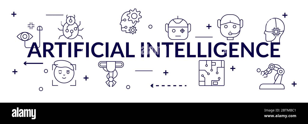 Intelligenza artificiale banner infografico. Diagramma di rete neurale, cybernetica, risoluzione dei problemi, futuristico, robotica e deep learning. Illustrazione Vettoriale