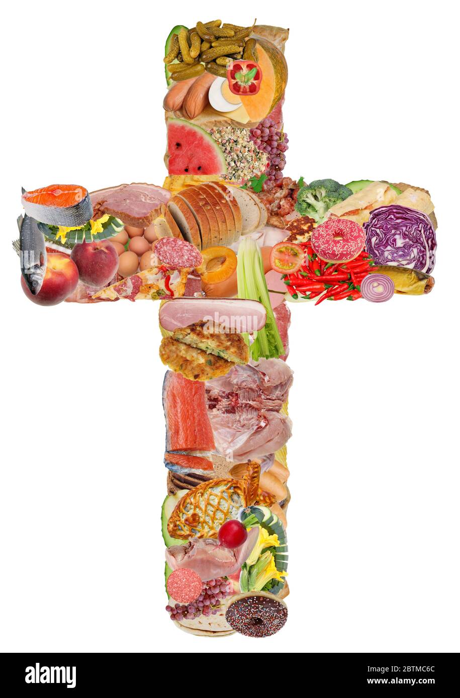 Gesù croce fatta di cibo delizioso e ci aiuta nella fame isolato collage fatto a mano Foto Stock