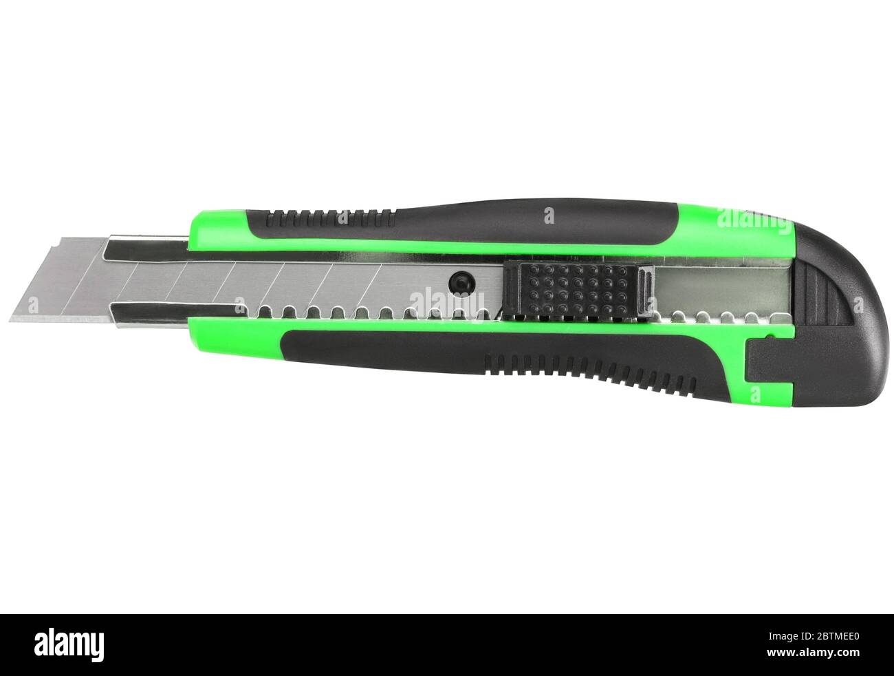 Coltello da cancelleria con impugnatura comoda e dettagli verdi isolati su sfondo bianco Foto Stock