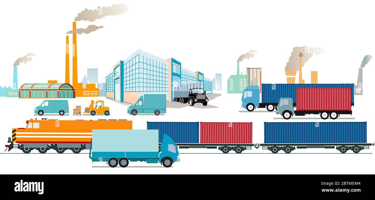 Industria dei trasporti, fabbriche e merci, trasporti Illustrazione Vettoriale