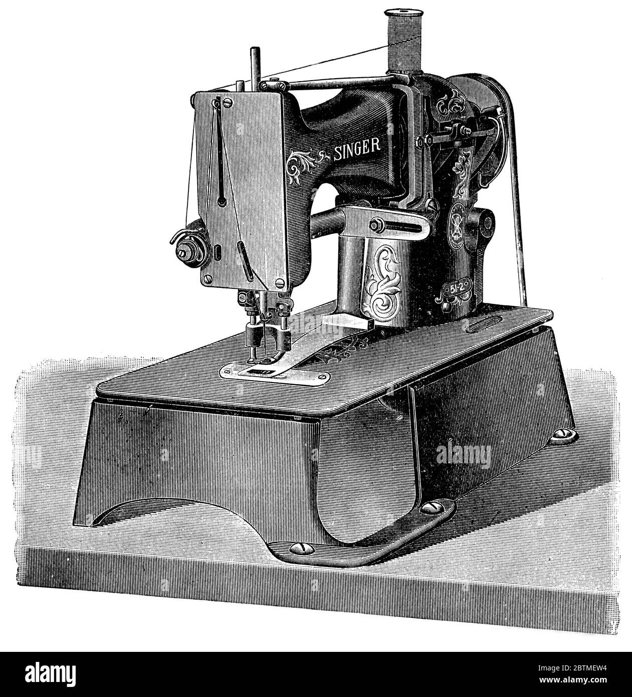 Macchina da cucire a sacco per bar di Singer. Illustrazione del 19 ° secolo. Sfondo bianco. Foto Stock