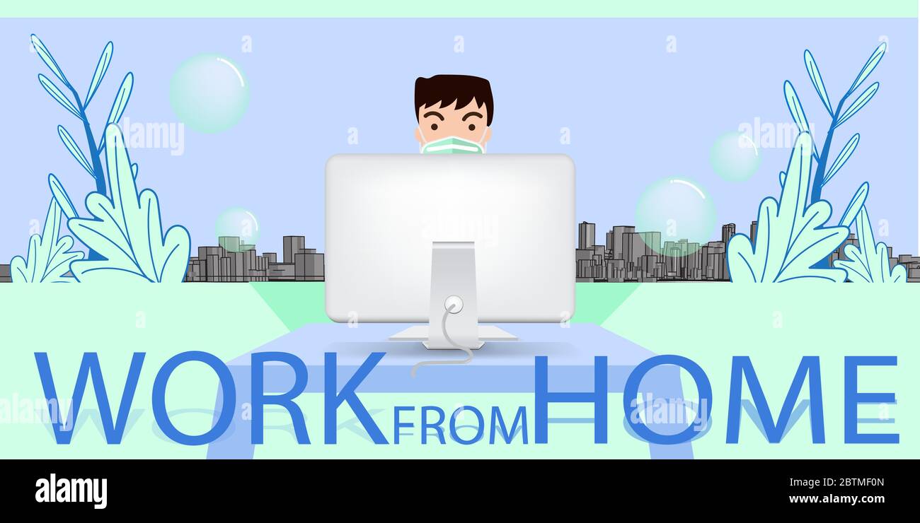 Detenzione a casa lavoro da casa con un computer desktop senza uscire, riducendo il rischio di virus corona e prevenendo l'infezione da covid-19. Illustrazione Vettoriale