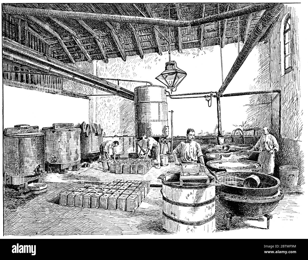 Sala di imballaggio della Liebig Company per Fray Bentos (carne in scatola). Illustrazione del 19 ° secolo. Sfondo bianco. Foto Stock