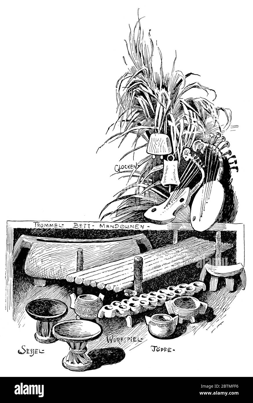 Casalinghi un gruppo etnico dell'Africa Centro-Nord-Azande (Niam-Niam). Illustrazione del 19 ° secolo. Sfondo bianco. Foto Stock