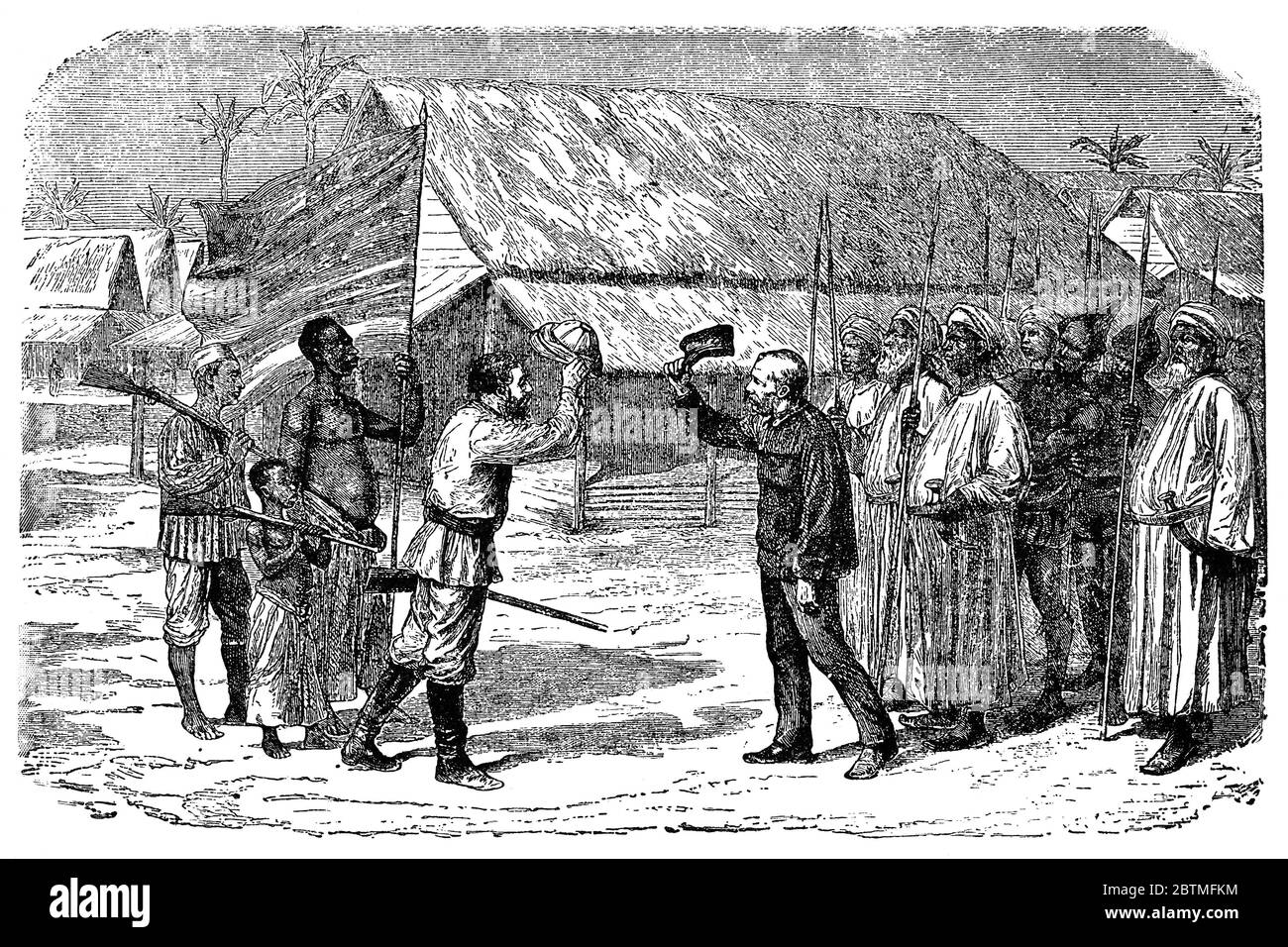 Henry Stanley ha trovato il Dott. David Livingstone il 10 novembre 1871 a Ujiji, vicino al lago Tanganyika. Illustrazione del 19 ° secolo. Sfondo bianco. Foto Stock